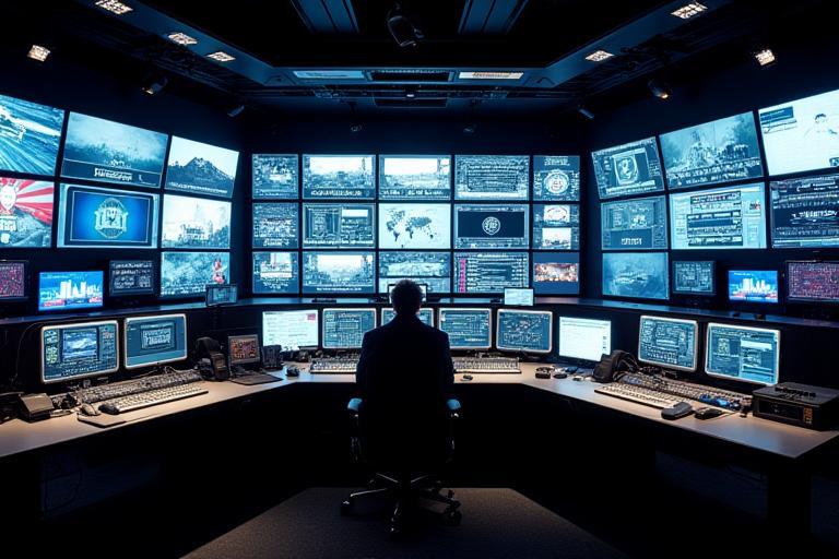 Sala de controle de radiodifusão com múltiplas telas